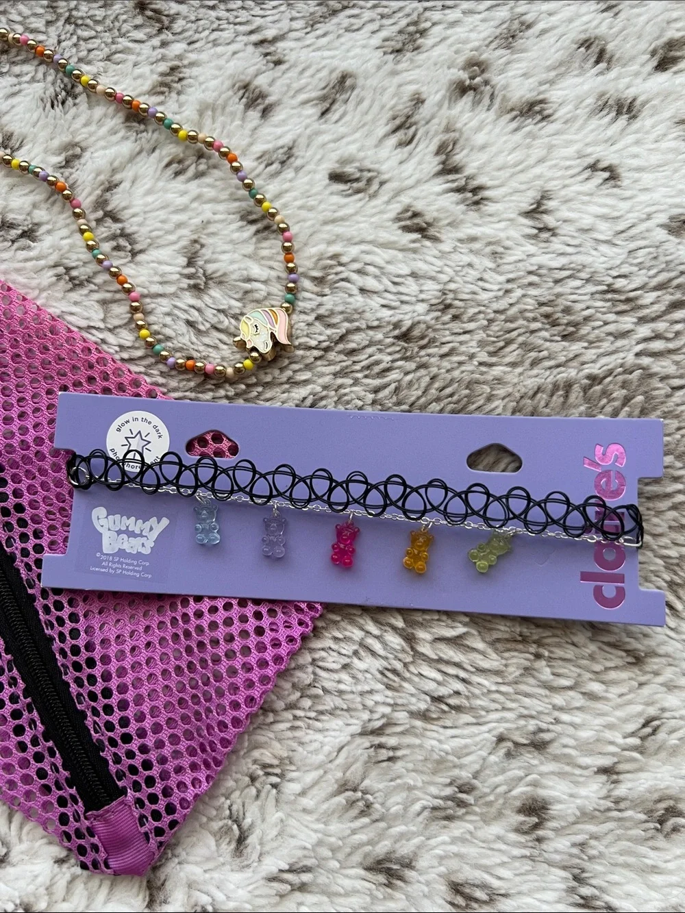 Assortment of Claire’s Necklaces & Purple Mesh Pouch